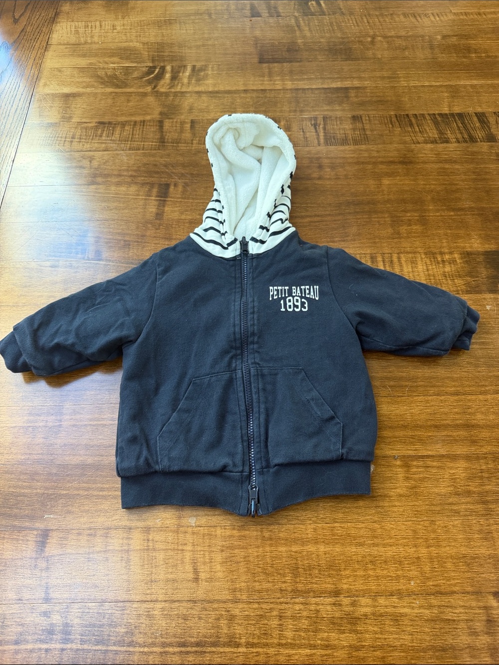 Petit Bateau Navy Zip-Up Hoodie with Striped Lined Hood